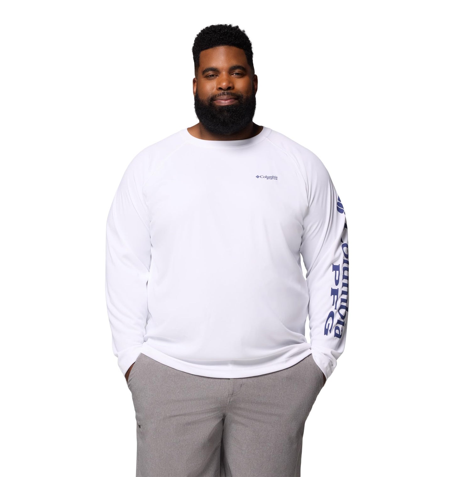 Columbia Men's PFG Terminal Tackle Long Sleeve Fishing Shirt, White/Nightshade Logo, X-Large