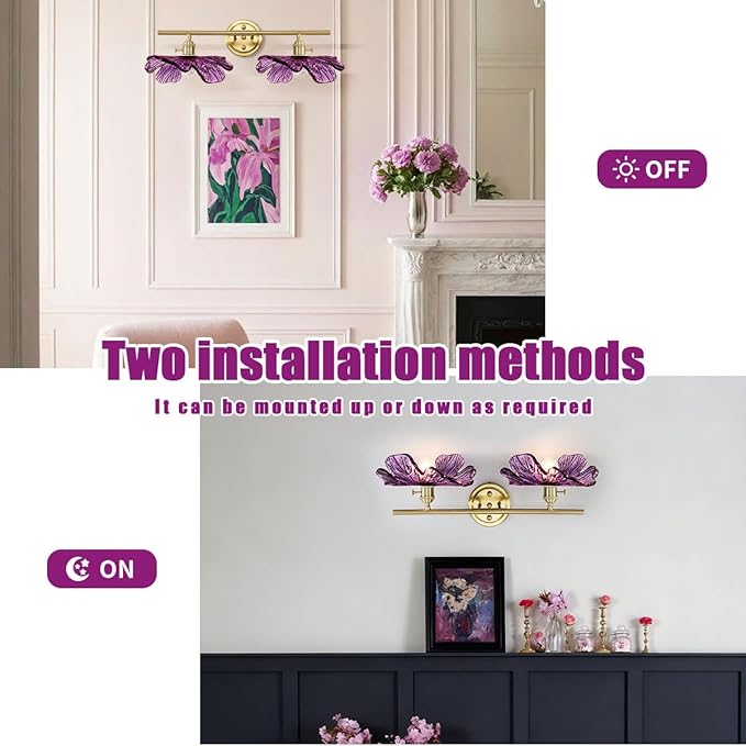 Gold Bathroom Vanity Lights Over Mirror, 2 Light Vintage Wall sconces with Purple Glass Shade Bathroom Lighting Fixture mid Century Wall Sconce Glass Wall Lighting for Bedroom Doorway Hallway