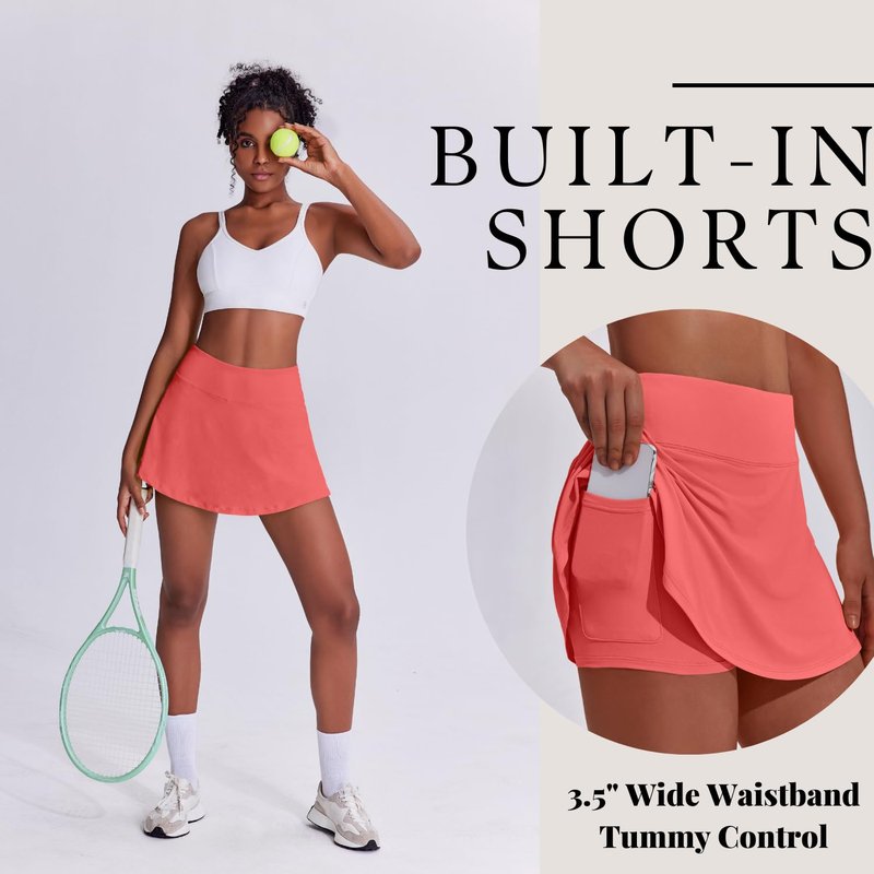PINSPARK Tennis Skirt Pleated Golf Skorts for Women Workout Tummy Control Athletic Skirts with Pockets,Porcelain Rose X-Large