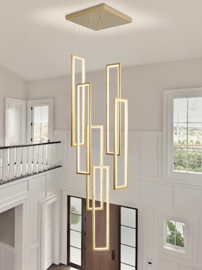 Flashing God Modern Chandelier,Gold Chandelier with 6 Ring Led Foyer Chandeliers,Larger High Ceiling Chandelier for Living Room,Square Chandelier for Entryway Staircase LED Dimming 2700k-6001k