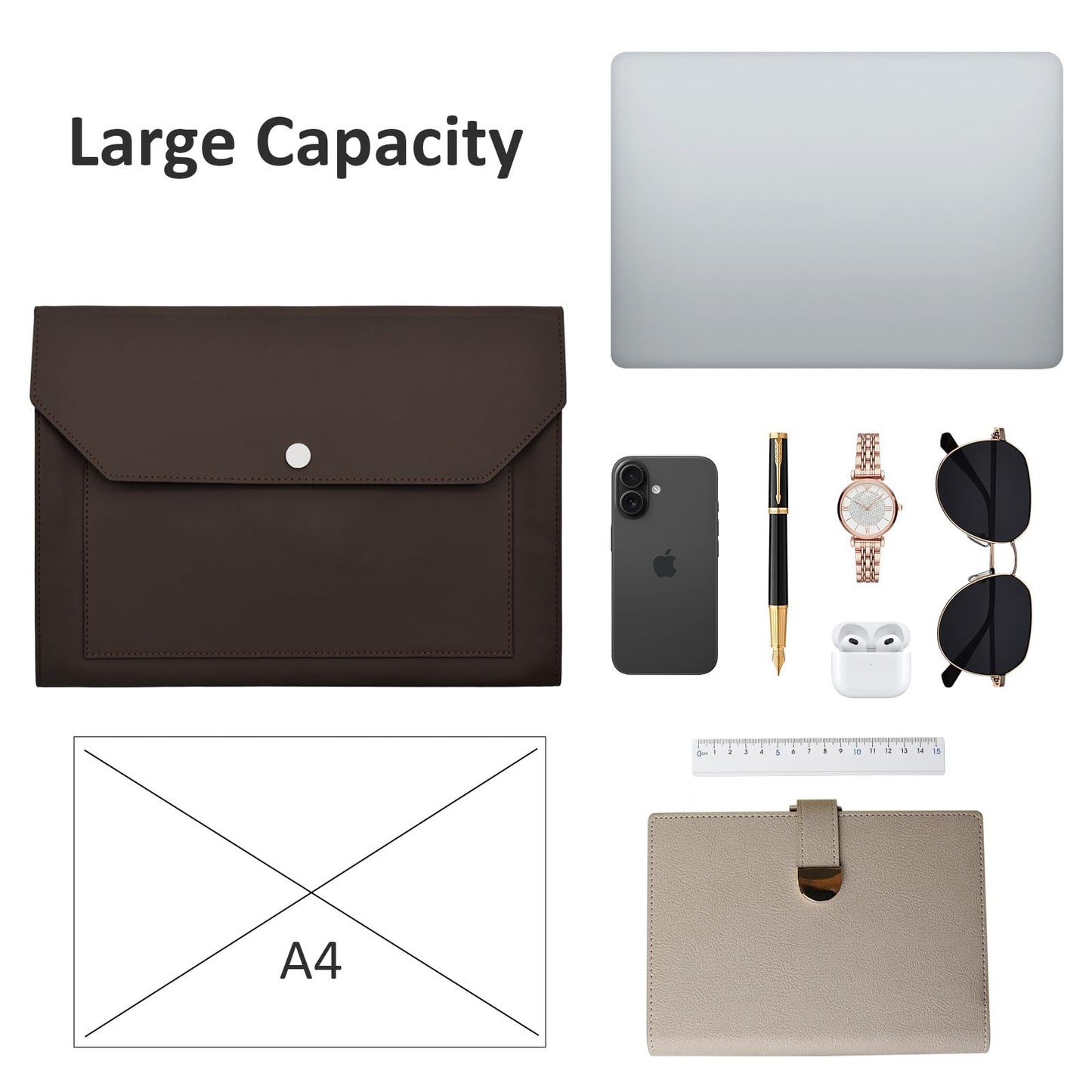 VANRA 1 Piece PU Leather Expanding File Folder Organizer Document Holder with Snap Button Zippered Pocket, Portfolio Envelope Folder Case for A4 Letter Size Paper (Dark Brown)