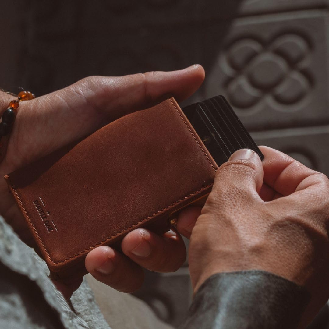 Double Oak Essentials Pop-Up Cardholder - RFID Blocking Minimalist Leather Wallet for Men - Slim Design, Top-Grain Leather, Holds Cards & Cash (Brown w/Gold Cardholder)