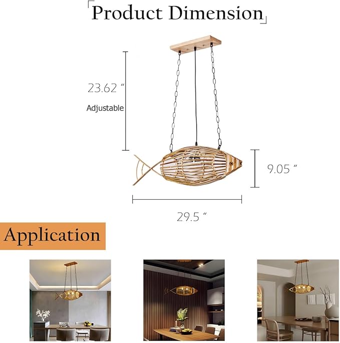 Rustic Fish Pendant Light,Hand-Woven Bamboo Hanging Lamp,Adjustable Kitchen Hanging Light,Boho Style Pendant Lamp for Living Room Bedroom