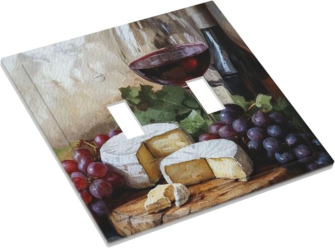 Decorative Art Light Switch Covers Wineglass & Artisanal Cheeses 2 Gang Double Toggle Wall Plate Decorative Switchcover Electrical Switchplate for Home Decor