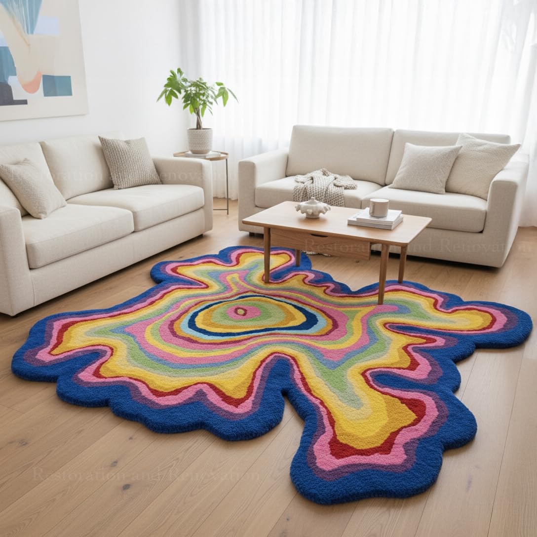 RUGORIA Modern Abstract Area Rug Hand Tufted Wool Carpet with Carved High Low Pattern Soft Textured Contemporary Rug for Living Room Bedroom Home Decor with Cotton Backing (IR-C, 5x5 ft)