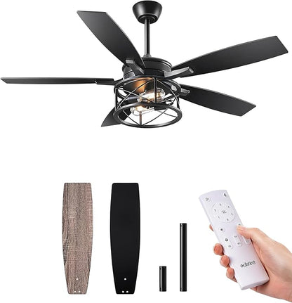 EDISHINE 52" Black Farmhouse Ceiling Fans With Lights, Remote Control, Dimmable, Reversible DC Motor, 5 Wooden Blades Rustic Indoor/Outdoor Ceiling Fan for Living Room Bedroom Porch