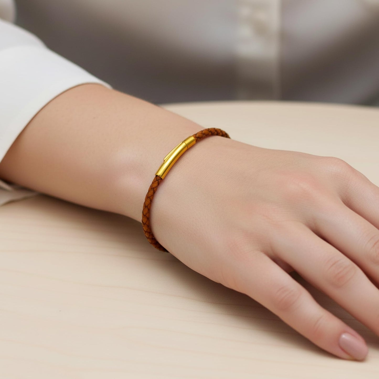Leporem Real Leather Wristband 7.9 Inch Unisex 18K Gold Push Lock Clasp Bracelet Minimalist Wristlet Luxury Gift Box (Brown, 7.9 Inch)