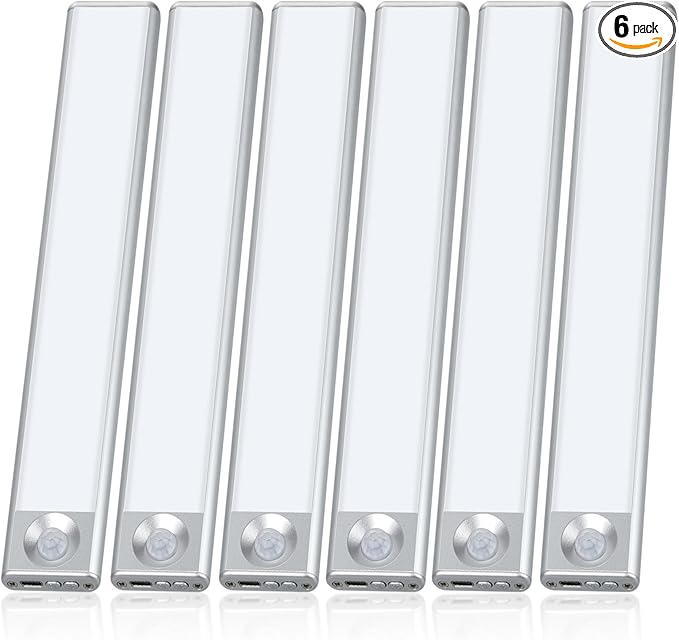 Under Cabinet Lighting, Rechargeable Battery Operated Motion Sensor Light Indoor with 3 Color Tempers Dimmable, Magnetic Closet Light, Wireless Under Counter Lights for Kitchen, Stairs, 6 Pack