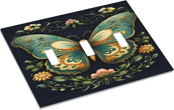 Butterfly Ornate with Flower Light Switch Covers 3 Gang Triple Toggle Wall Plate Decorative Switchplate Electrical Faceplate for Farmhouse Living Decor
