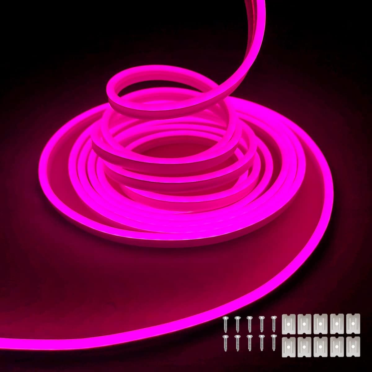 Maxlaxer Pink LED Neon Strip Light，16.4ft/5m 12V DC Waterproof Flexible Light Strip for Indoor and Outdoor Decor, Bedroom, Kitchen, Party, TV Backlight.(Power Adapter not Included)