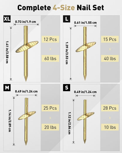 Uniclife 80 Pcs Picture Hangers, Picture Hanging Kit, 4 Size Picture Hanging Hooks, Picture Hanging Nails, Long Picture Hooks for Photo Frame Art Mirror and Décor, Gold