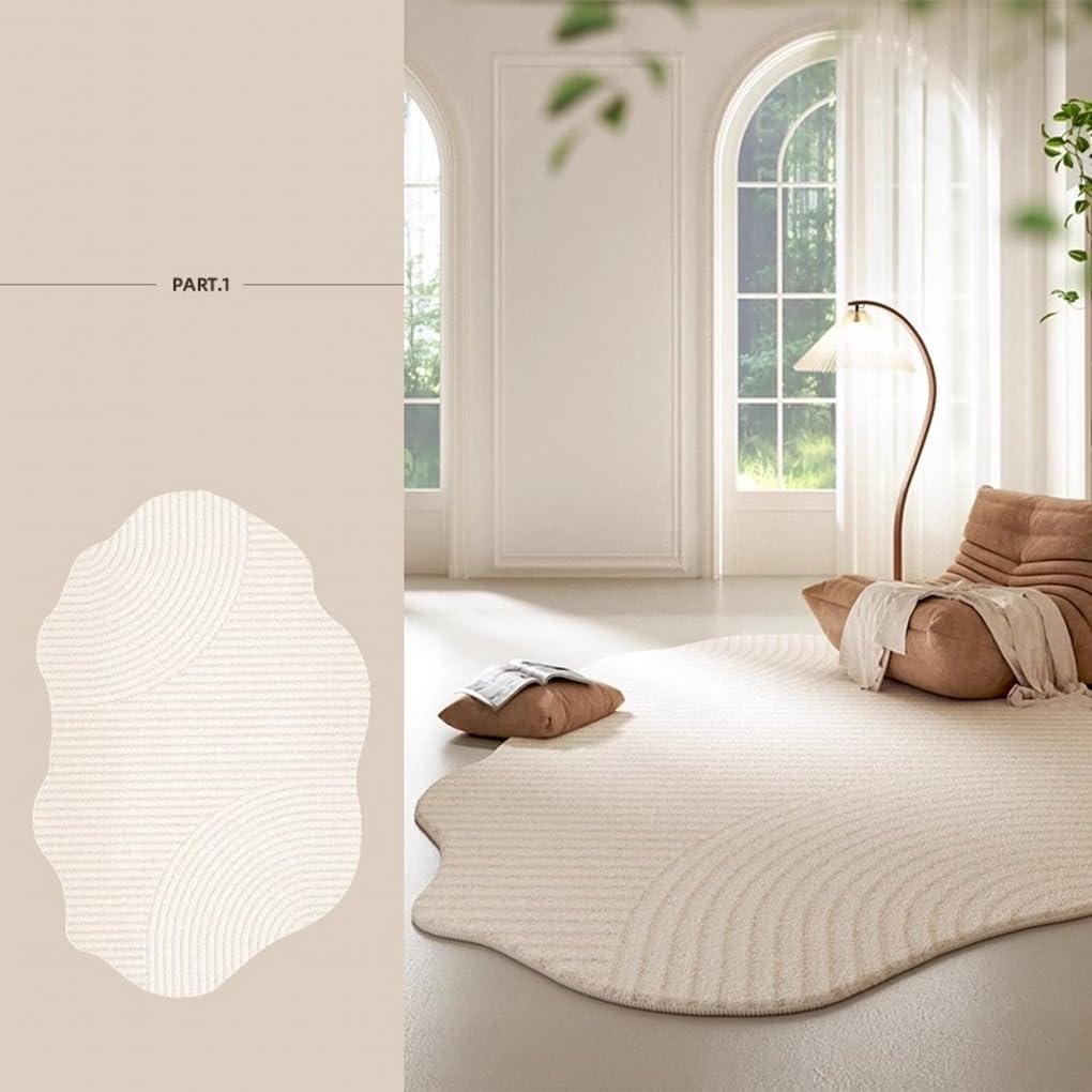 Minimalist Luxury Irregular Shaped Area Rug Cream White Curved Striped Texture Indoor Rugs 5x7 for Livingroom Bedroom Diningroom Nursery Dorm Guestroom Modern Neutral Washable Non Slip Soft Carpet