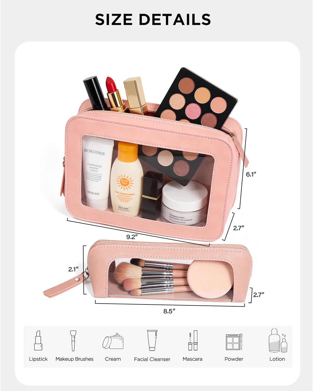 LETGO 2Pack Clear Makeup Bags Set, Small Clear Makeup Bag, PU Leather Travel Makeup Brush Case Portable Transparent Waterproof Cosmetic Organizer Pouch with Zipper for Women(2Pack-White Set)