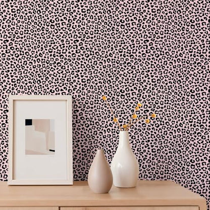 Leopard Print Peel and Stick Wallpaper, Modern Wallpaper Pink and Black Classic Design Contact Paper Rmovable Self Adhesive Wall Papers for Bedroom Bathroom Cabinet 17.7¡¯¡¯x118¡¯¡¯