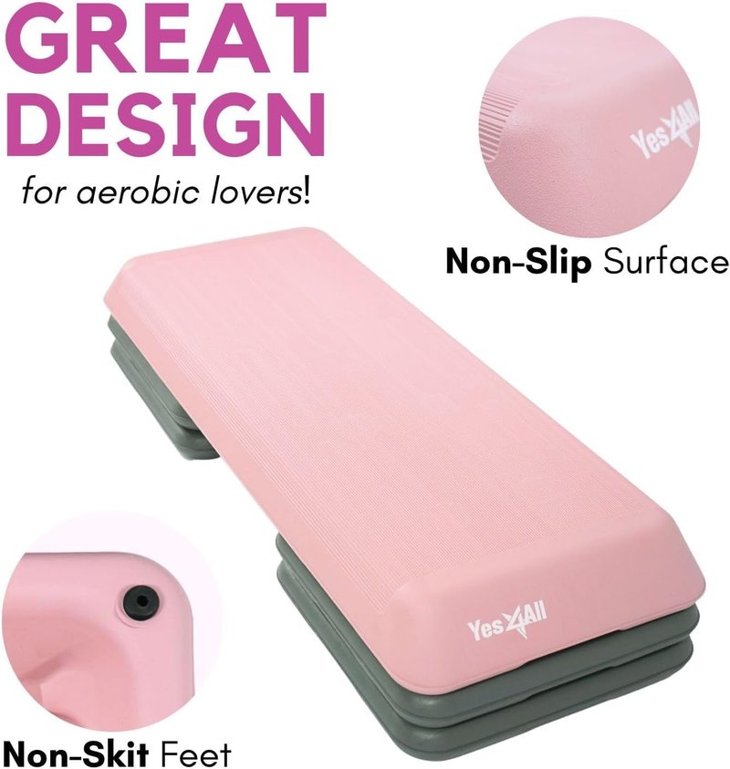 Yes4All Adjustable Workout Aerobic Exercise Step Platform Health Club Size with 4 Adjustable Risers Included and Greater Risers Options - Pink Grey