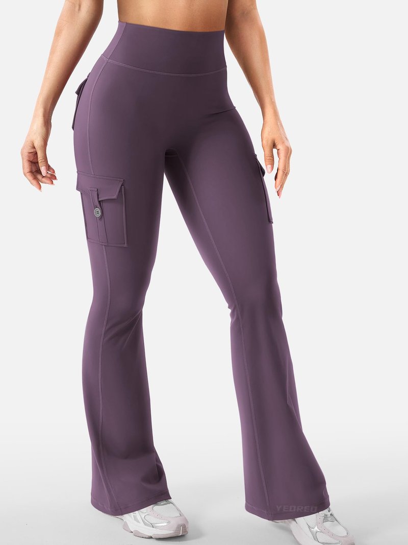 YEOREO CoreFlex Women Workout Flare Leggings with Pockets Hidden Scrunch Cargo Gym Yoga No Front Seam Leggings Black Berry Purple XXL