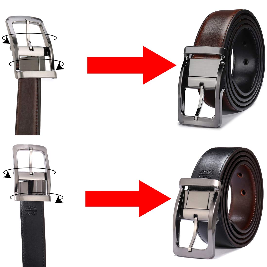Belts for Men Reversible Leather 1.25” Waist Strap Fashion Dress Buckle Beltox (Rectangle Rotated Buckle with Burnt Umber/Black Belt, 28-30)