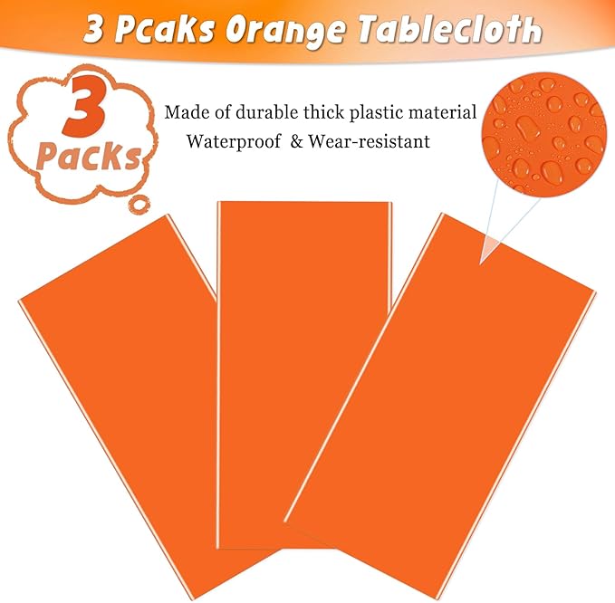 3 Packs Orenge Disposable Plastic Tablecloth 54 x 108 Inch Waterproof Tablecloths 6FT Rectangle Table Cover for Parties Birthday Hallowmas Autumn Theme Outdoor Picnic Family Dinner