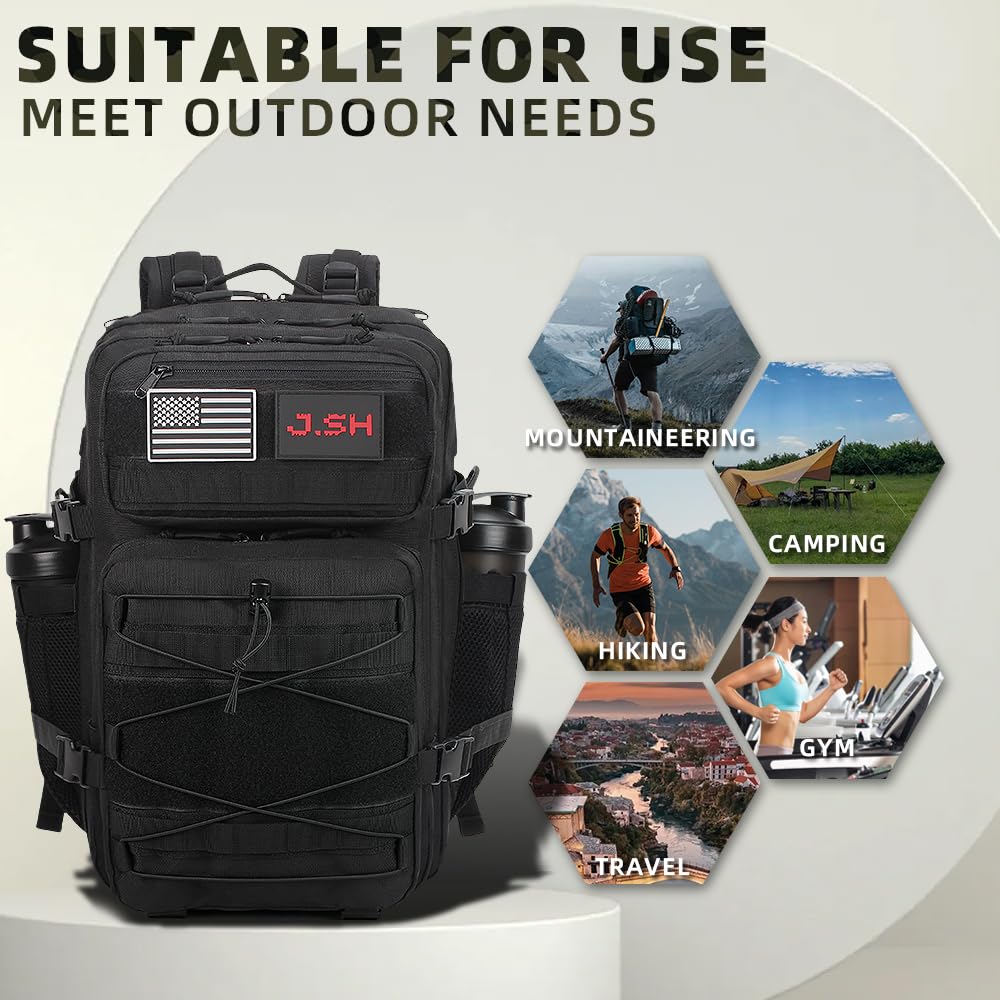 J.SH 45L Large Military Tactical Backpack for Men, EDC MOLLE Backpack, 900D Oxford Nylon, 3-Day Assault Rucking Pack, Heavy-Duty Tactical Gear for Outdoor Hiking,Gym, Rugged Survival&Bug Out Bag-Black