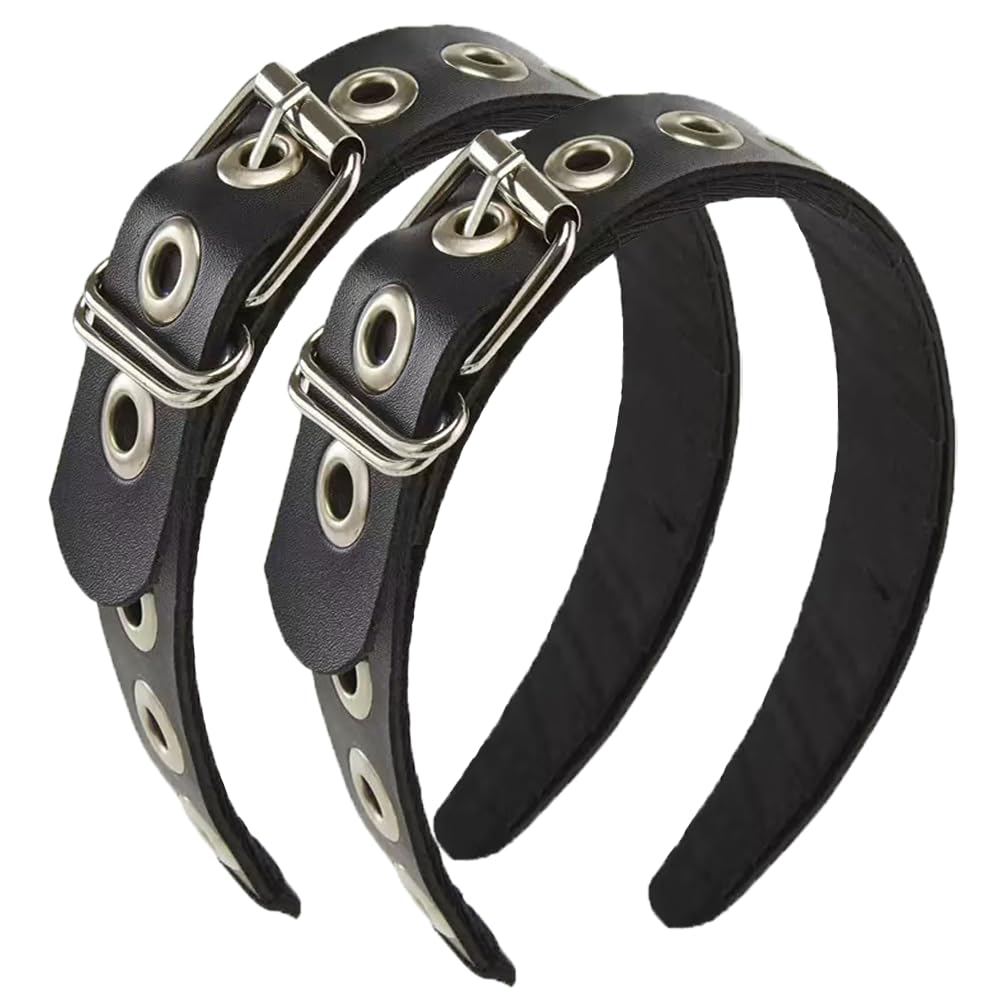 BaBakiak Gothic Punk Style Metal Buckle Headband for Women, Belt design Black Leather Headband, 2-Piece Set Hair Accessories