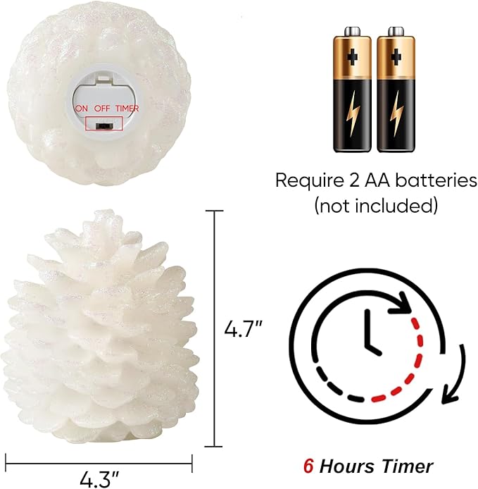 Homemory 2 Pcs Pine Cone Candles Flameless, White LED Flickering Lights with 6 Hours Timer, Battery Operated Candles for New Year Celebration Holiday Decorations D4.3 x H4.7 Inches