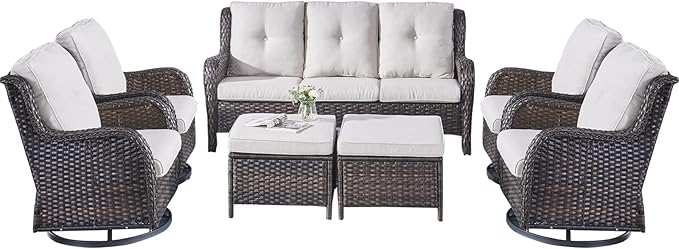 Rilyson Wicker Patio Furniture Set - 7 Piece Rattan Outdoor Sectional Conversation Sets with 4 Swivel Rocking Chairs,2 Ottomans and 1 Sofa for Porch Deck Garden(Brown/Beige)