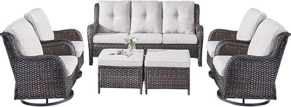 Rilyson Wicker Patio Furniture Set - 7 Piece Rattan Outdoor Sectional Conversation Sets with 4 Swivel Rocking Chairs,2 Ottomans and 1 Sofa for Porch Deck Garden(Brown/Beige)