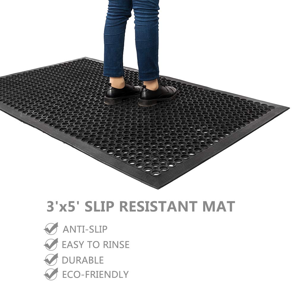 ROVSUN Rubber Floor Mat with Holes, Anti-Fatigue/Non-Slip Drainage Mat, for Industrial Kitchen Restaurant Bar Bathroom Utility Garage Pool Entry Door Mat, Indoor (36'' x 60'' Black 1Pcs)