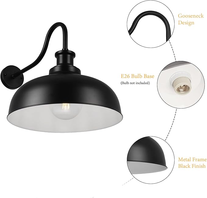 Outdoor Gooseneck Barn Lights,14 Inch Dome Outdoor Wall Sconce Farmhouse Exterior Wall Mount Light Vintage Wall Lighting Fixture Industrial Black Wall Lantern for Porch, Entryway, Garage, 2 Pack