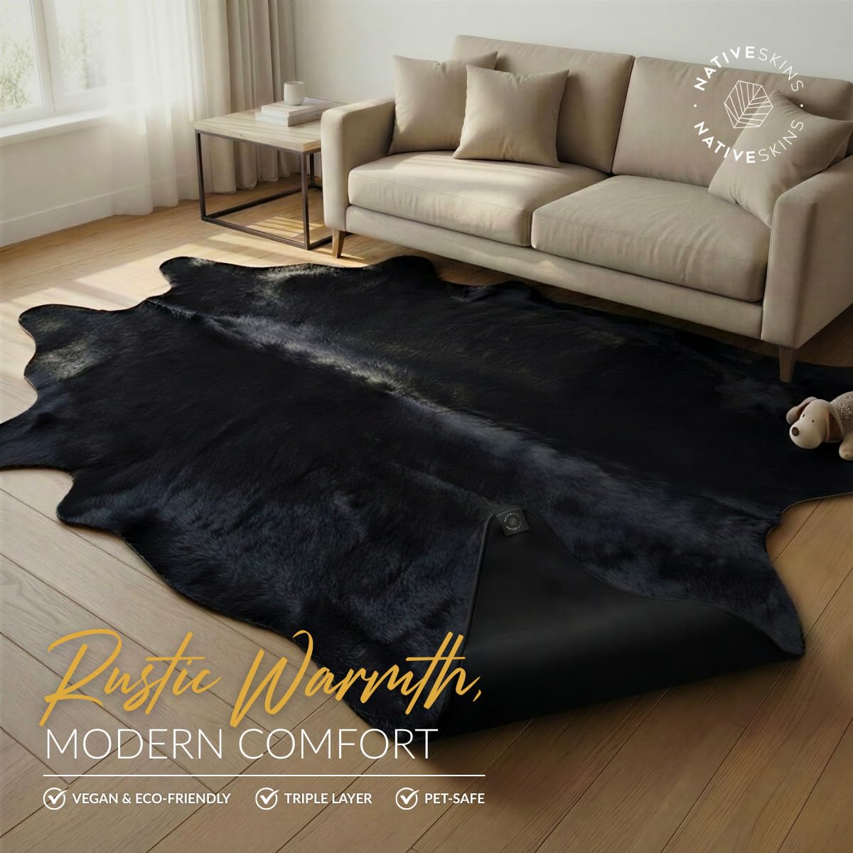 NativeSkins Faux Cowhide Rug – Black (Medium) | 4.3ft x 5.7ft | Cow Print | Western Bedroom Decor | Hand-Cut, Faux Suede No-Slip Backing | Western Rug | Animal Print | Cow Hide
