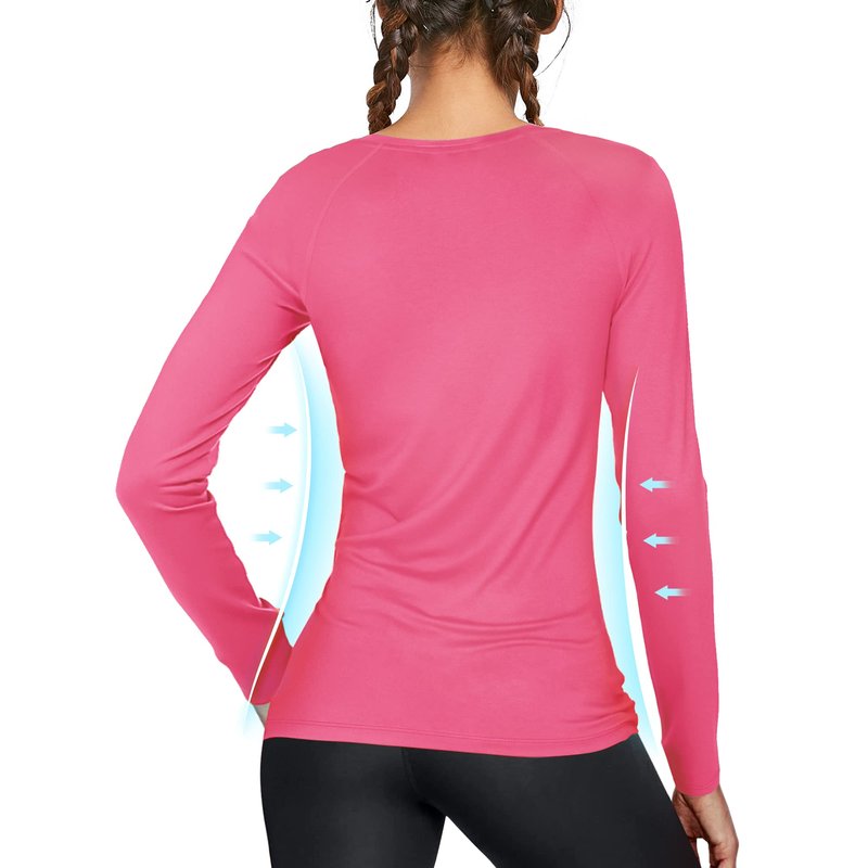 isnowood Swim Shirts for Women, UPF 50+ UV Sun Protection Long Sleeve Shirt, Lightweight Quick Dry Workout Hiking Running Rash Guard Top Bright Pink