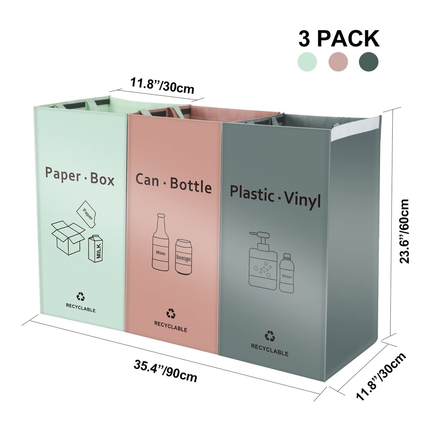 JIALAI HOME Separate Recycling Bin for Kitchen Home - Indoor Recycle Bins (Pink, Green, Gray) Waste Trash Sorting Bins, Reusable Waterproof Affordable Recycle Bags, Pack of 3 Bags