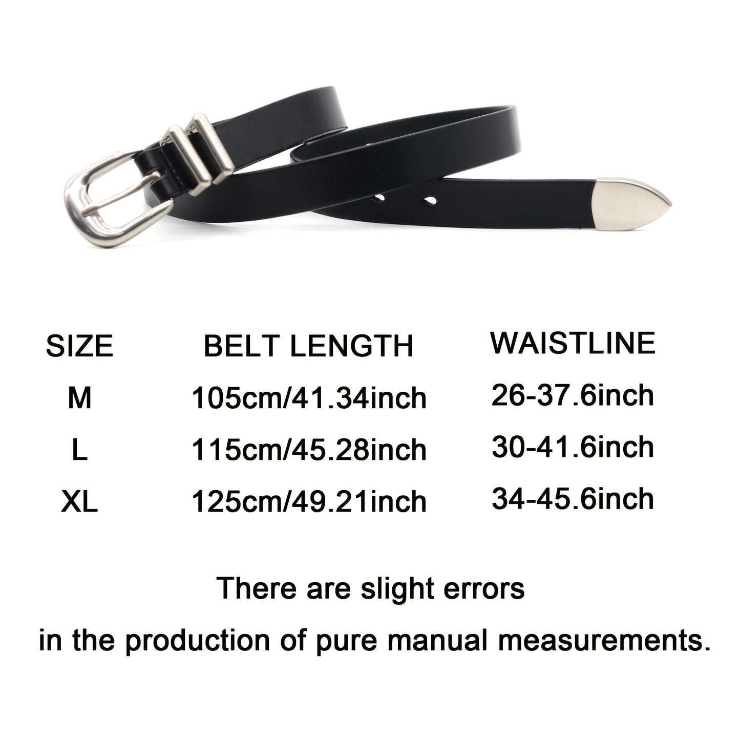 HQZBPT Womens Belts Classic Black Leather Belt with Silver Buckle, Casual Dress Belt, Premium Genuine Leather, Metal Buckle Design (XL: Fit Waist Size 34"-45.6")