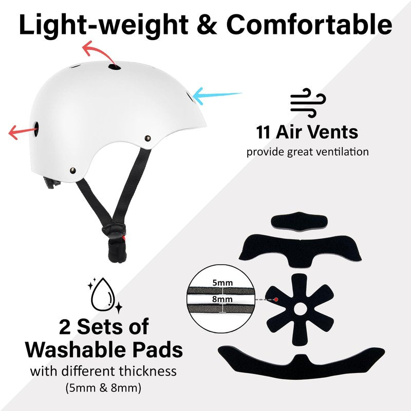 OUWOR Adult Skateboard Bike Helmet for Men and Women, Lightweight Adjustable, Multi-Sport for Bicycle Skate Scooter (White, Large)
