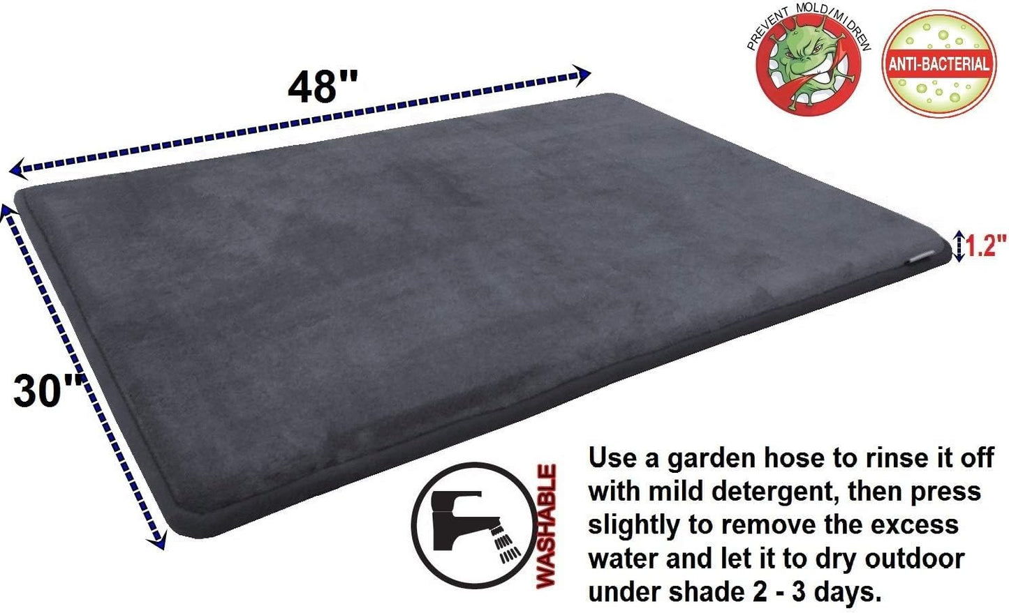 Dogbed4less Luxury Extra Large Gel-Infused Memory Foam Dog Bed Mat Pillow Topper, Fit XL 48"X30" Crate, Waterproof Non Slip Bottom, Grey