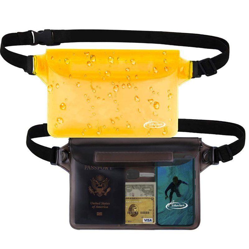 AiRunTech Waterproof Pouch with Waist Strap (2 Pack) | Beach Accessories Best Way to Keep Your Phone and Valuables Safe and Dry | Perfect for Boating Swimming Snorkeling Kayaking Beach(Grey+Yellow)