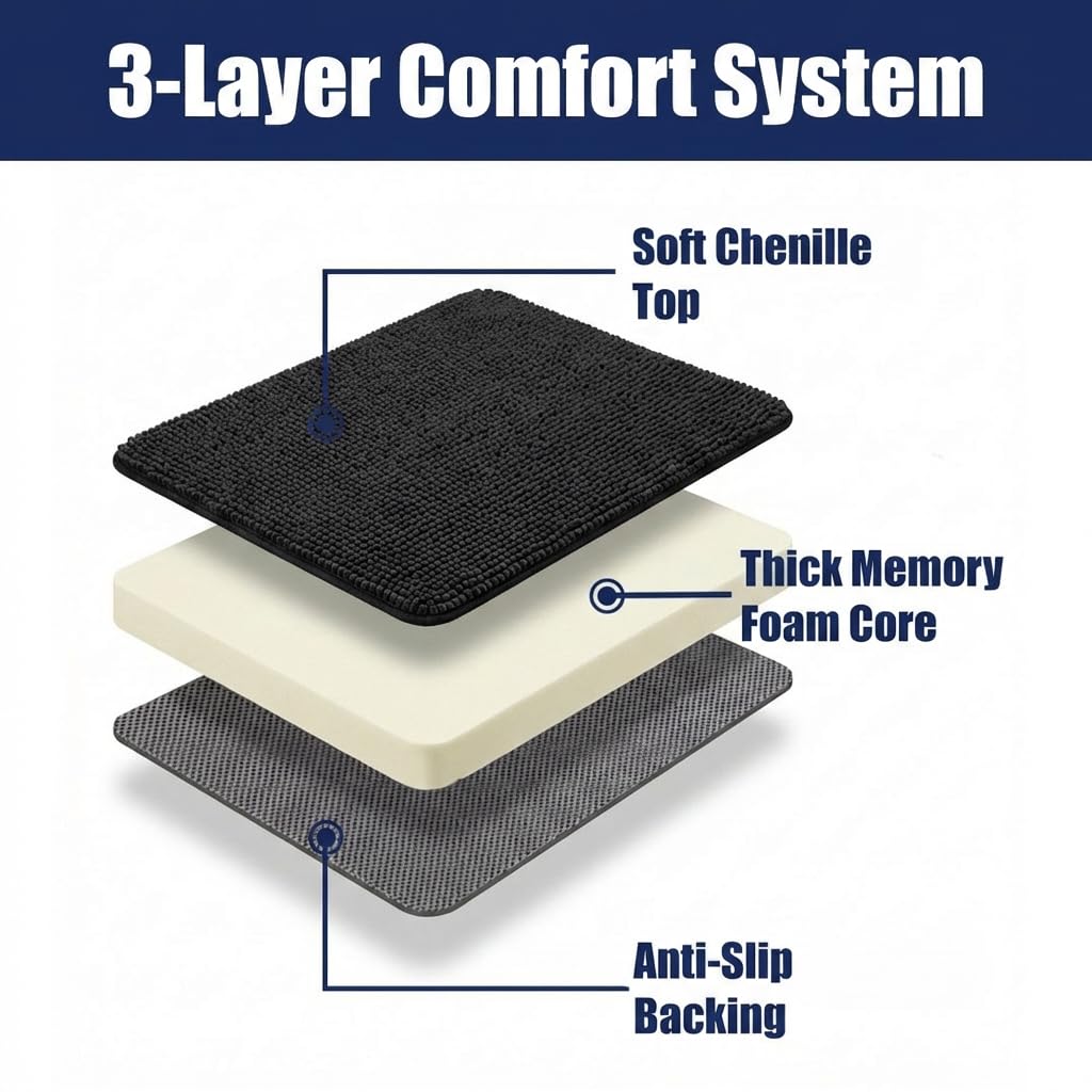 Muddy Mat® CloudStep Bathroom Rugs, Non Slip Bath Mats for Bathroom, Super Absorbent Memory Foam Chenille, Quick Dry Machine Washable Thick Toilet Rug for Shower Tub and Floor, Black 20" x 30"