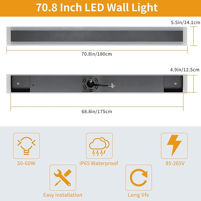 Upgrade Widened 2 Pack 71inch Long Outdoor Wall Light, Dimmable 3000K-6000K, Modern Exterior Wall Sconces, IP65 Waterproof, 60W, Black LED Wall Mount Light for House, Yard, Garden with Remote Control