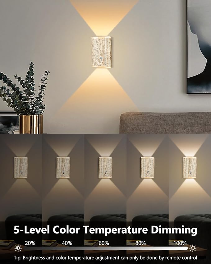 2 Pack Rechargeable Motion Sensor Wall Sconce – 5000mAh Wireless Battery Operated Wall Light, 3 Colors Up/Down Lighting Night Light with Remote Control for Indoor Stairs, Bedroom, Hallway (Wood)