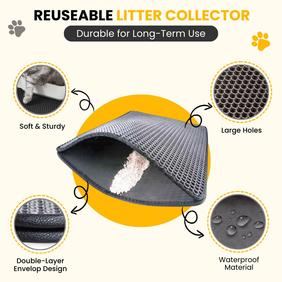 Andalus Brands Large Cat Litter Mat - Waterproof & Urine-Proof Litter Box Mat, Non-Slip Kitty Litter Mats for Floor, Easy to Clean Litter Trapping Design (30" x 24", Grey)