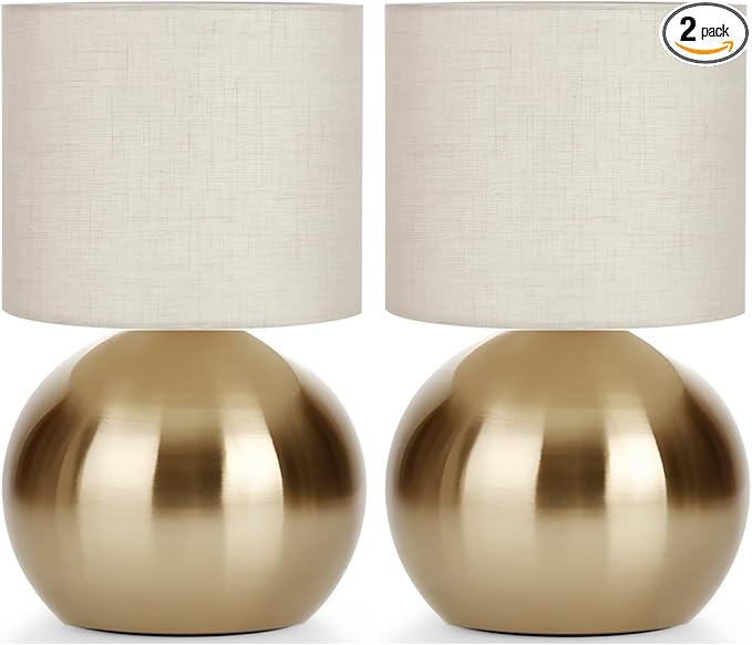 Modern Small Table Lamp Set of 2, Minimalist Nightstand Bedside Lamps with One-Button Inline Switch, 10.4 Inch Desk Light for Bedroom, Living Room,Including Light Bulb（Golden）