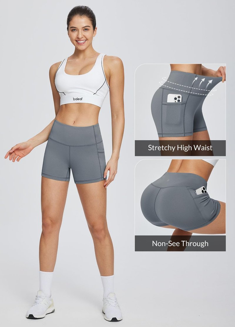 baleaf Gym Workout Shorts Women 3" Biker Yoga Spandex Running Volleyball Tummy Control Compression Short with Pockets Grey XXL
