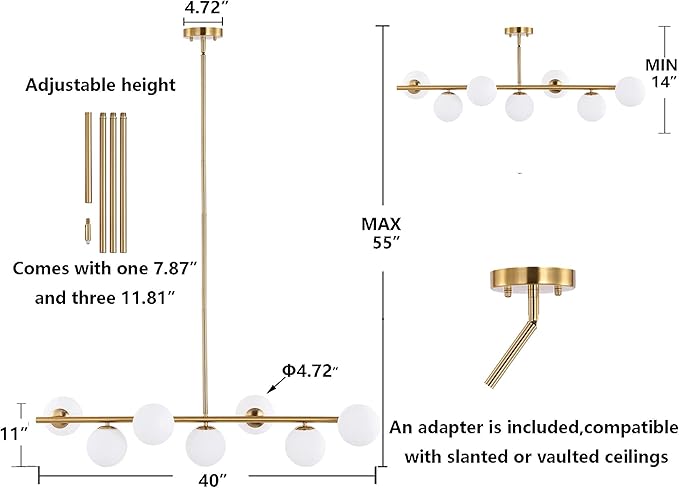 7 Lights Modern Sputnik Chandelier Globe White Glass Shade Brass Linear Mid Century Farmhouse Pendant Light Fixture for Kitchen Island Bedroom Dining Lighting (Gold)