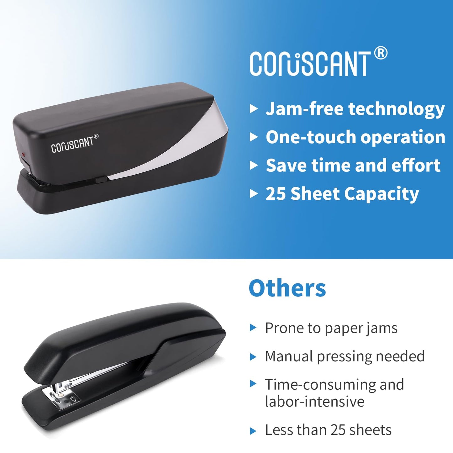 Coruscant Electric Stapler, Automatic Stapler, Heavy Duty，25 Sheet, Store 210 Staples，Including 2000 Staples,and 1 Staple Remover, Electric Desktop AC or Battery Powered for Home/Office Use