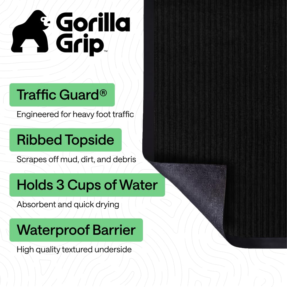 GORILLA GRIP Waterproof Traffic Guard Door Mat, 35x23, Heavy Duty Entryway Mats, Strong Backing Commercial Utility Rugs for Office Hallway, Garage Floor and Home, Low Profile Carpet Runner, Black
