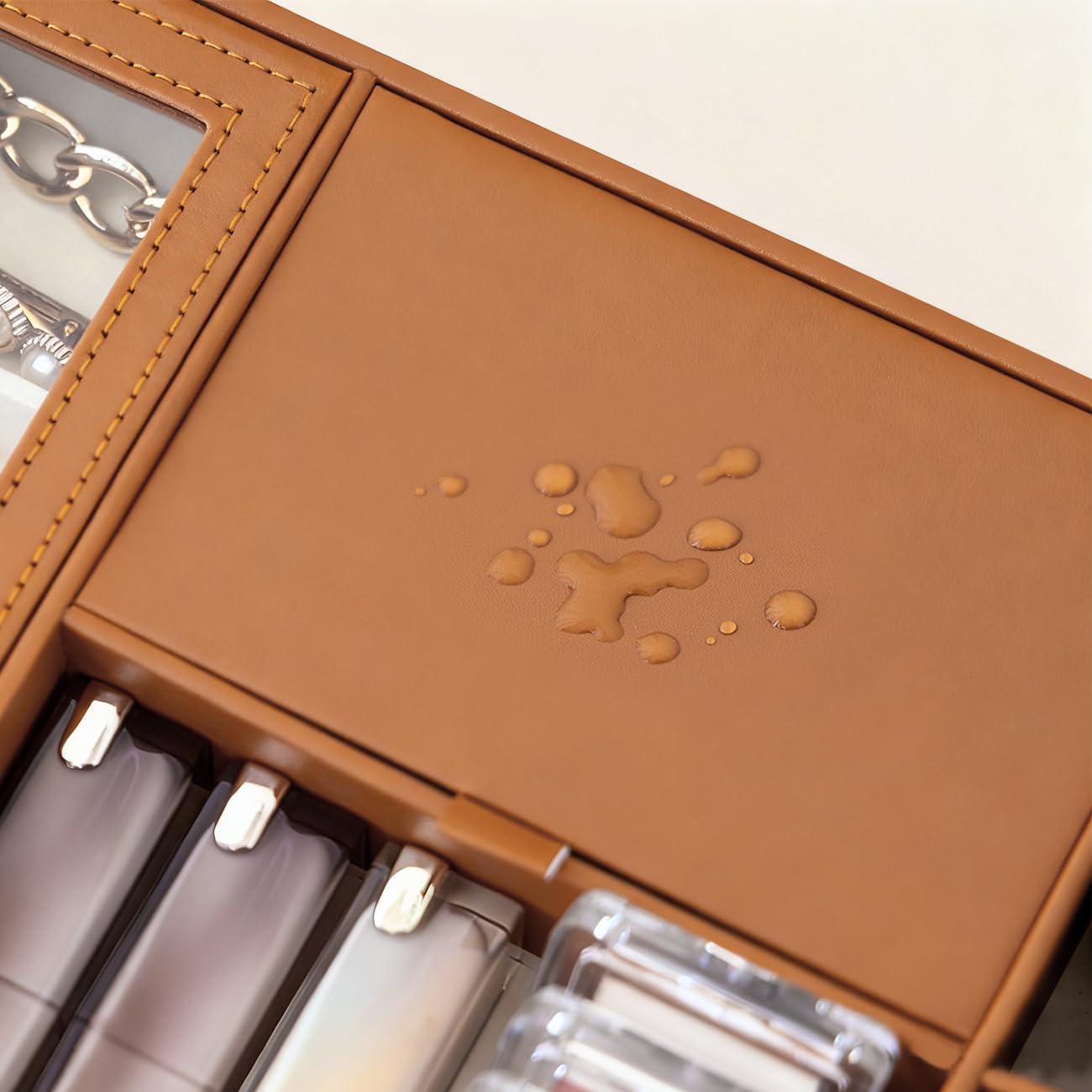 DAJYAWON PU Leather Valet Tray & Nightstand Jewelry Organizer - Multifunctional Catchall Dresser Top Box with Dust-Proof Flip Lid, Ring/Earring Compartments & Open Slots for EDC, Wallet, Keys, Watch