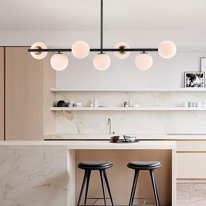 7 Lights Modern Sputnik Chandelier Globe White Glass Shade Linear Mid Century Farmhouse Pendant Light Fixture for Dining Kitchen Island Bedroom Lighting (Gold/Black)