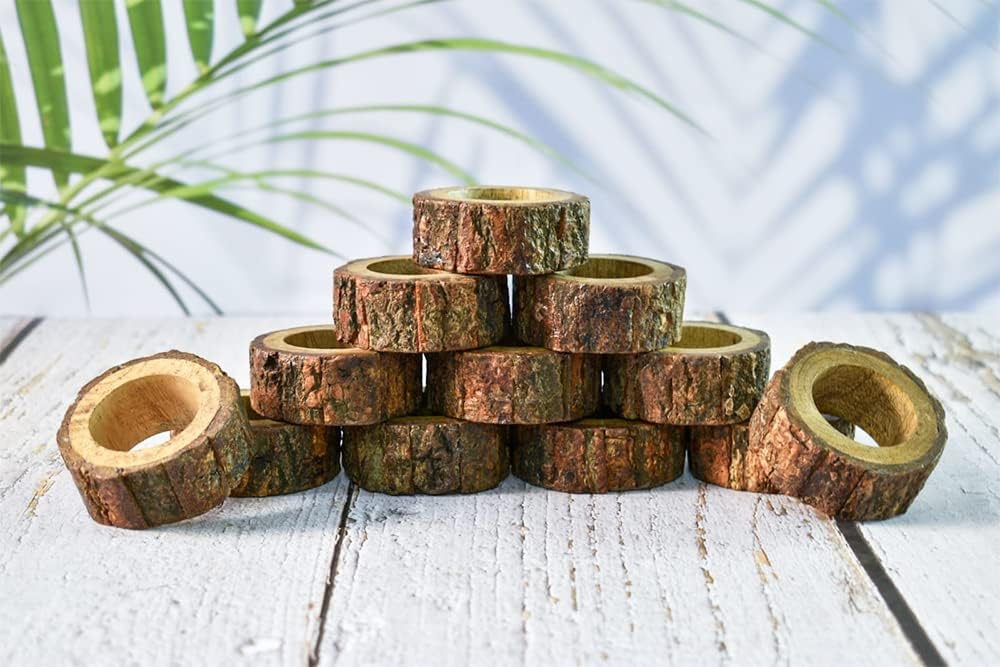 Ajuny Napkin Rings Wooden Set of 12 Handmade 1.5 Inch Decorative Round Shaped Holders with Bark Edge Natural Design for Table Dining Parties Special Occasions Kitchen & Home Decor Gift
