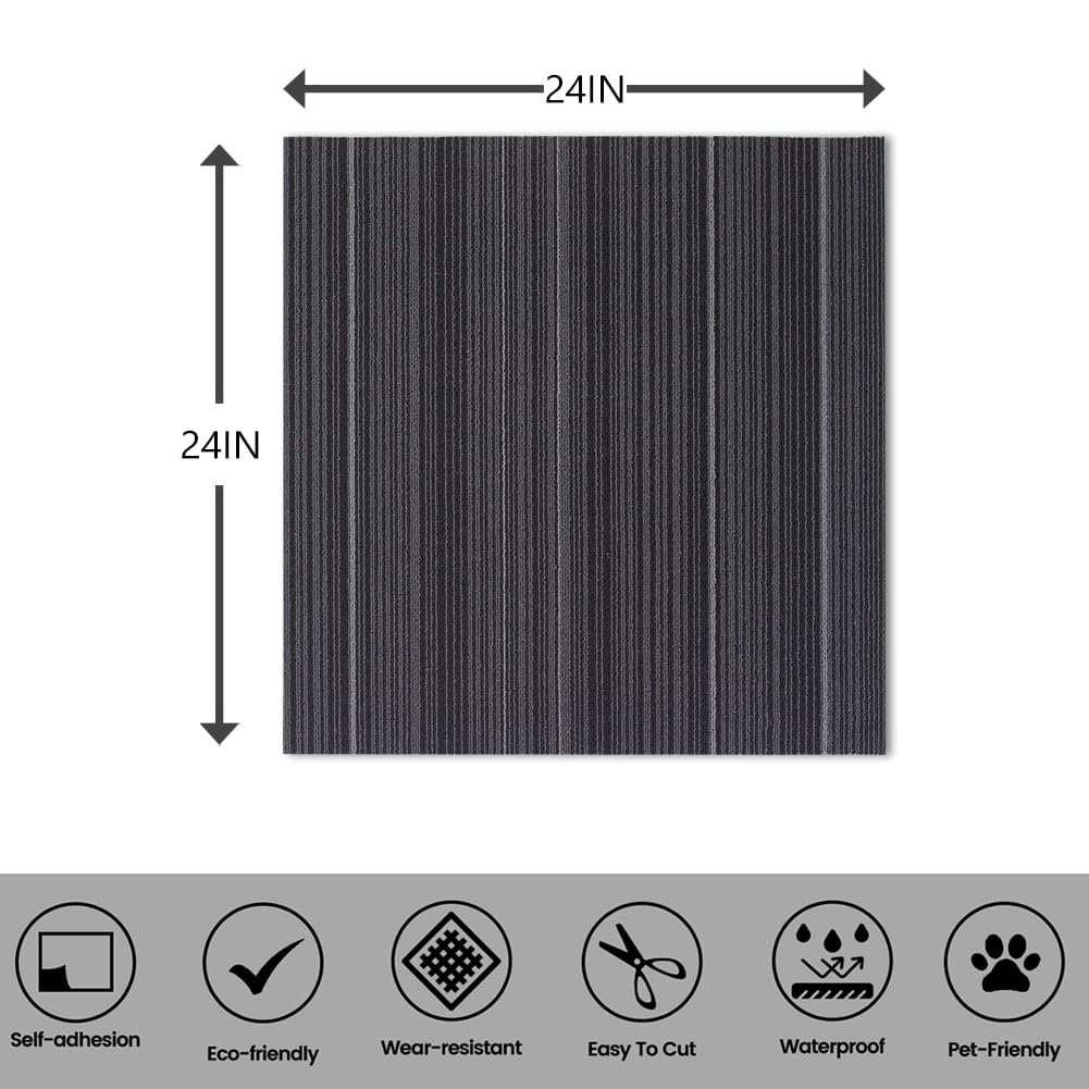Boshuele 24 inch x 24 inch Carpet Tiles upholstered Non-Slip Carpet Squares Reusable Easy to Install Indoor and Outdoor Office Home Decor Flooring (Black, 18 PCS)
