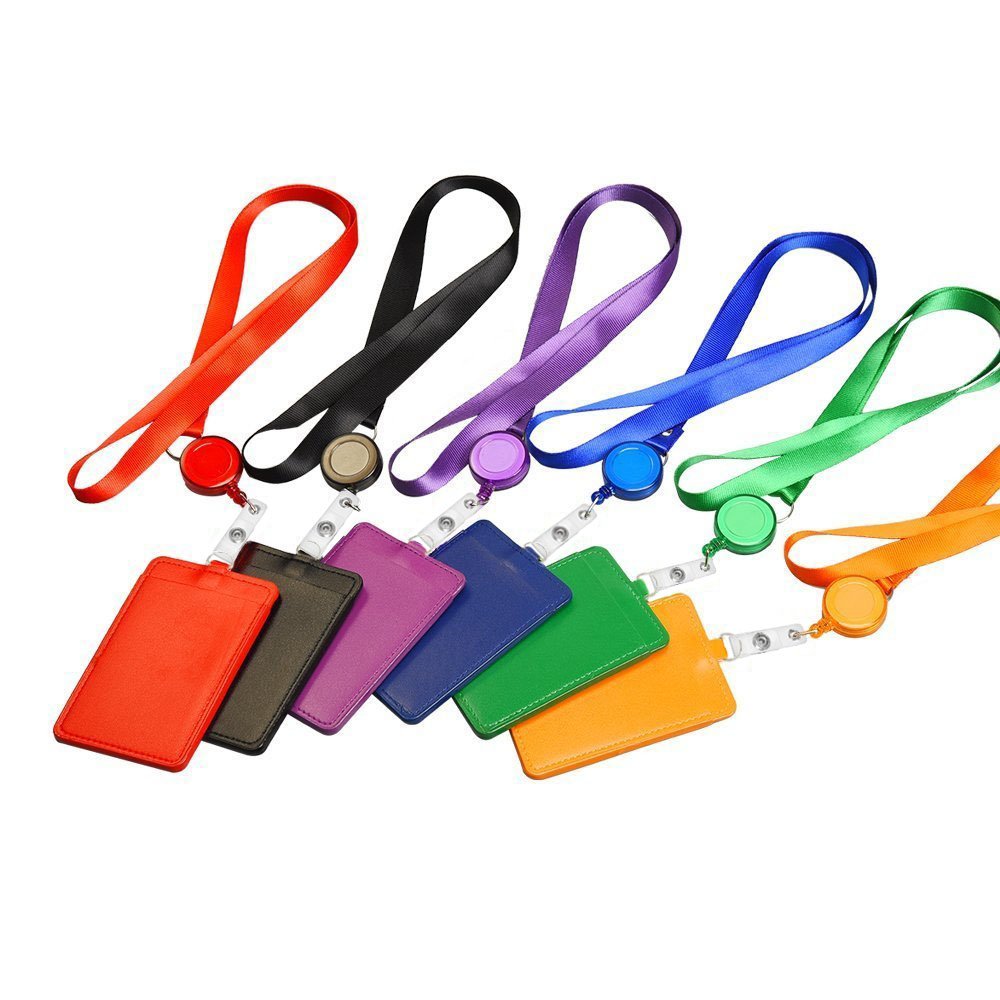6 PCS ID Badge Card Holder, Name Badge Holder with Lanyard, Neck Lanyard id Holder for Women Men, Coolrunner 2-Sided PU Leather Vertical Business Card Holder Vertical/Horizontal (2.8" W x 4.3" H)